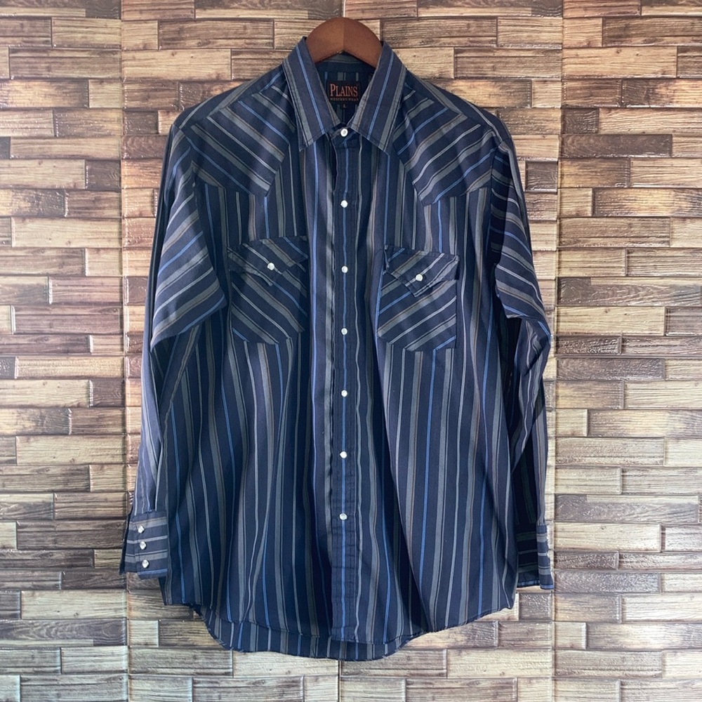Mens Vintage Large Plains Western Blue Stripped Shirt Button Down